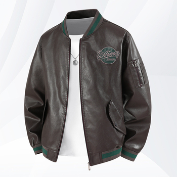 Δερμάτινο μπουφάν με ροκ στυλ, στρογγυλό λαιμό, φερμουάρ μπροστά, PU δέρμα, επένδυση πολυεστέρα