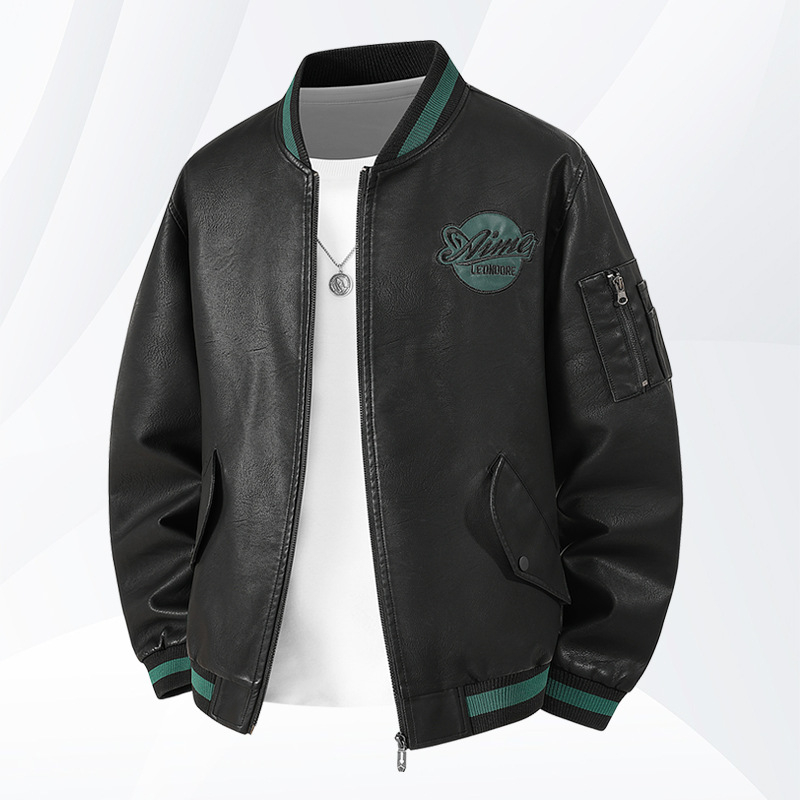 Ādas jaka ar rok stilā, apaļš kakla izgriezums, rāvējslēdzējs priekšā, PU āda, poliestera odere