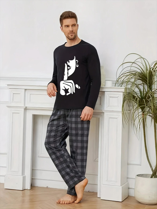 Σετ οικιακής ένδυσης ανδρών με μακρυμάνικη μπλούζα σε στρογγυλό λαιμό και παντελόνια, Πολυεστέρας, Μεσαία πυκνότητα, για οικιακή χρήση και εξωτερικούς χώρους