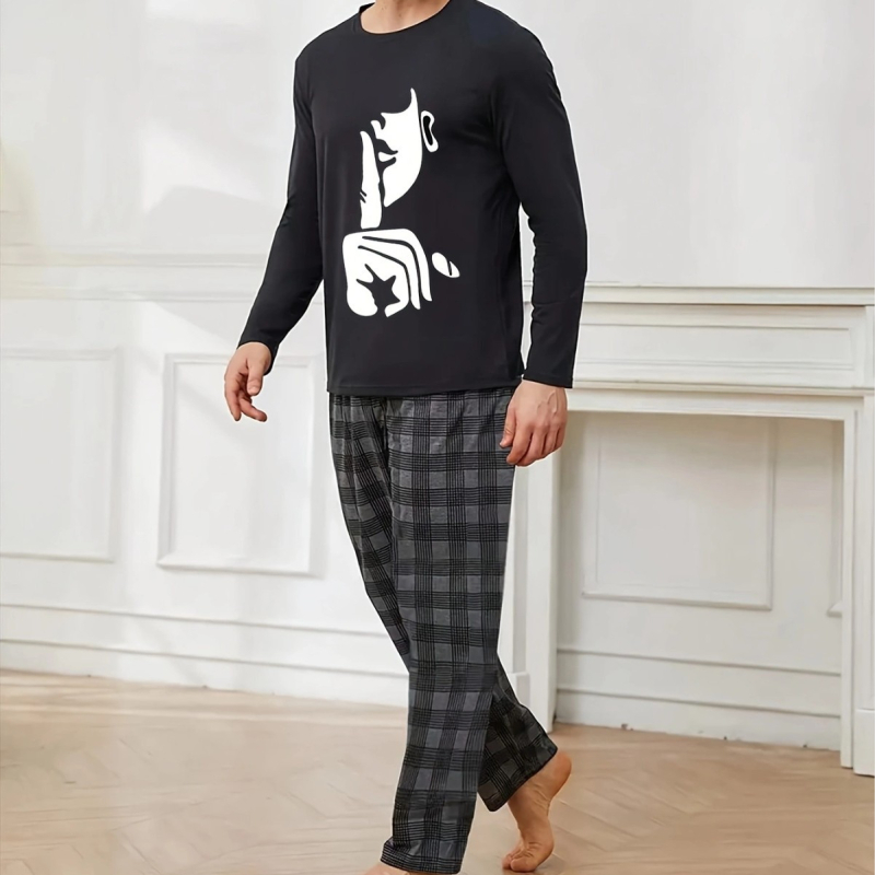 Σετ οικιακής ένδυσης ανδρών με μακρυμάνικη μπλούζα σε στρογγυλό λαιμό και παντελόνια, Πολυεστέρας, Μεσαία πυκνότητα, για οικιακή χρήση και εξωτερικούς χώρους