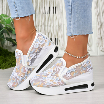 Γυναικείες πλατφόρμες, δάχτυλο σε σχήμα ψαριού, άνω μέρος από δίχτυ, δέρμα μικροϊνών, ύψος πλατφόρμας 6–8 cm