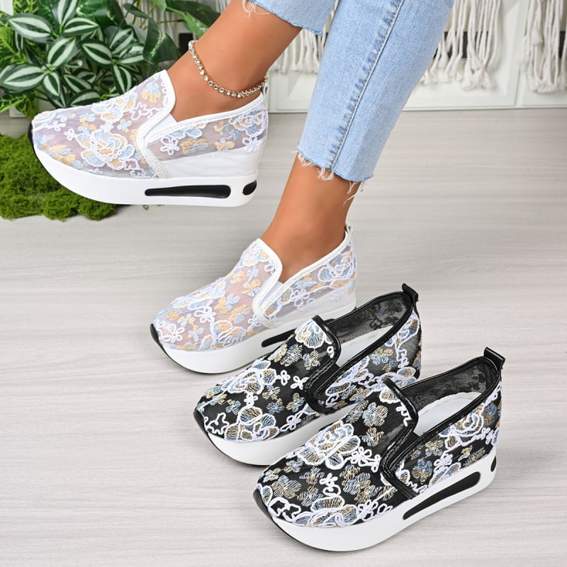 Pantofi cu platformă pentru femei, vârf în formă de gură de pește, partea superioară din plasă, piele microfibră, platformă de 6–8 cm