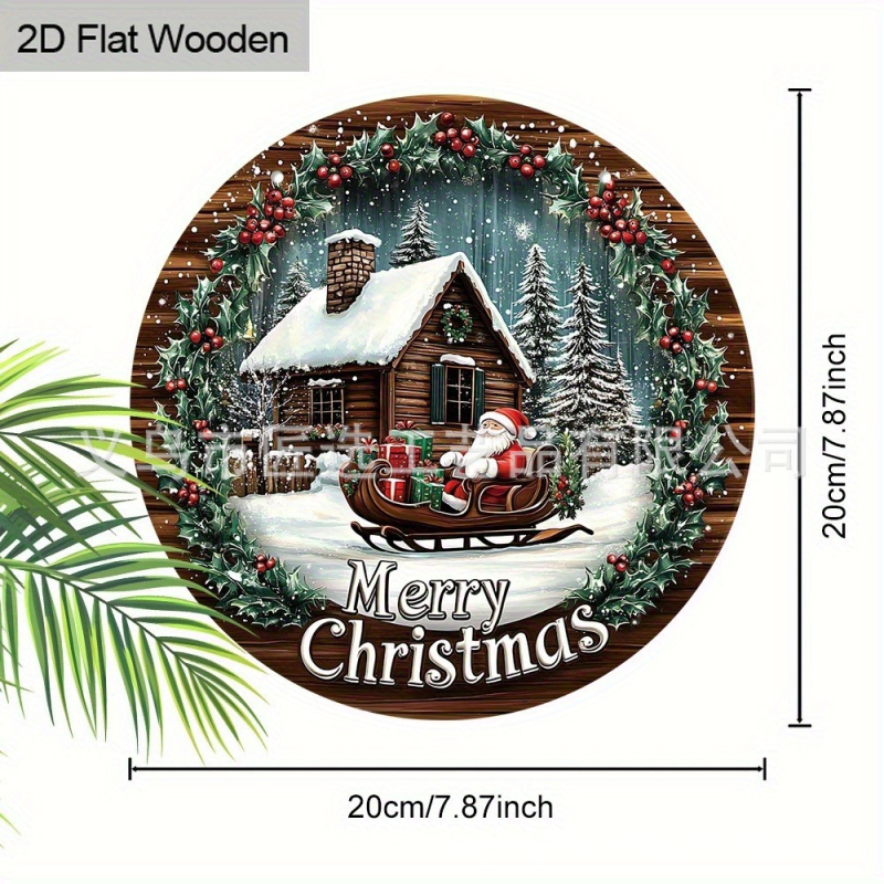Pandantiv decorativ circular din lemn cu trei Moși Crăciun pentru ușă, fereastră, dormitor și living – decor de Crăciun