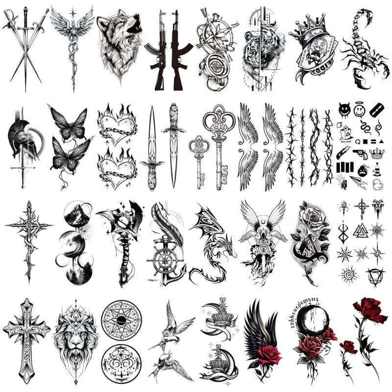 Σετ τατουάζ αυτοκόλλητα με μεταφορά νερού - προσωρινά, μικρές ρεαλιστικές εικόνες, γεωμετρικά σχήματα, μηχανικά παραγόμενα μεταφερόμενα αυτοκόλλητα