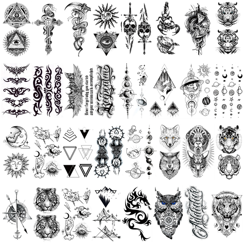 Σετ τατουάζ αυτοκόλλητα με μεταφορά νερού - προσωρινά, μικρές ρεαλιστικές εικόνες, γεωμετρικά σχήματα, μηχανικά παραγόμενα μεταφερόμενα αυτοκόλλητα