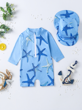 Παιδικό πλεκτό σετ δύο τεμαχίων με στρογγυλή λαιμόκοψη και εκτύπωση με αστερία και ωκεανό; μακριά μανίκια; μακριά παντελόνια; πουλόβερ