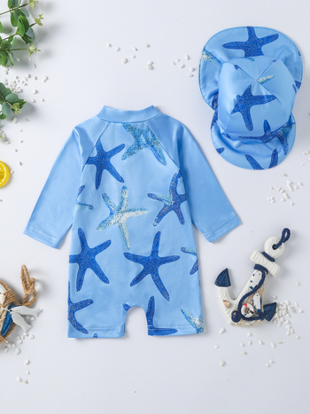 Παιδικό πλεκτό σετ δύο τεμαχίων με στρογγυλή λαιμόκοψη και εκτύπωση με αστερία και ωκεανό; μακριά μανίκια; μακριά παντελόνια; πουλόβερ