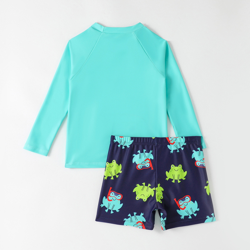 Costum de baie pentru copii pentru băieți – două piese, mâneci lungi, imprimeu desen animat, uscare rapidă, protecție UV (4-8 ani)
