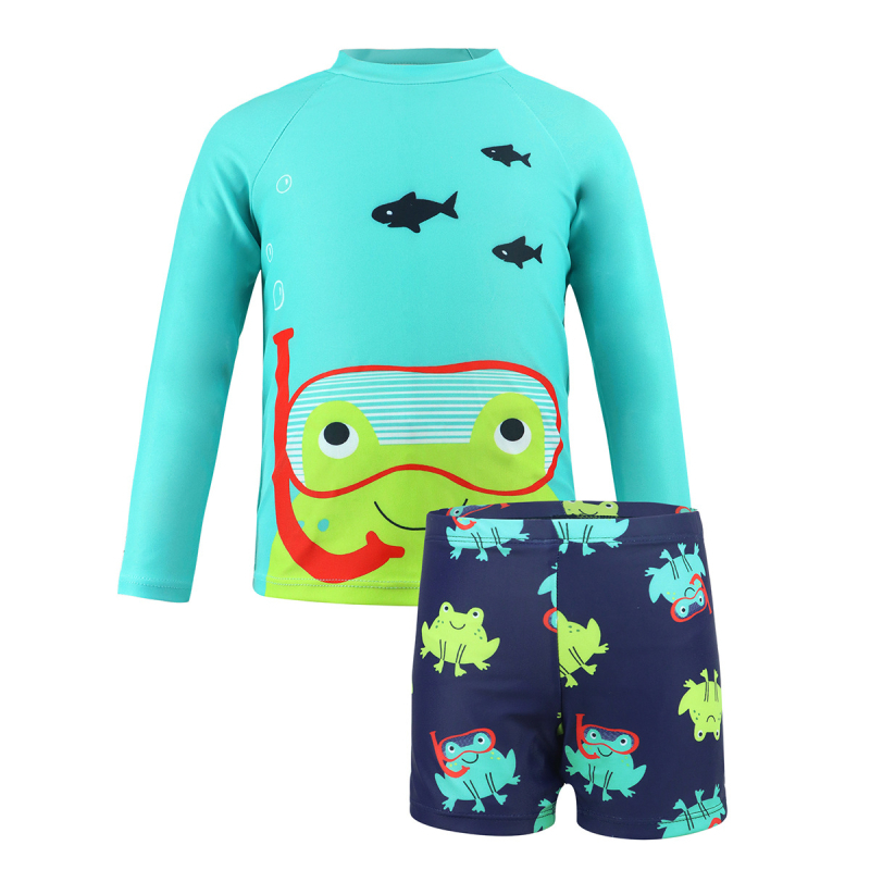 Costum de baie pentru copii pentru băieți – două piese, mâneci lungi, imprimeu desen animat, uscare rapidă, protecție UV (4-8 ani)