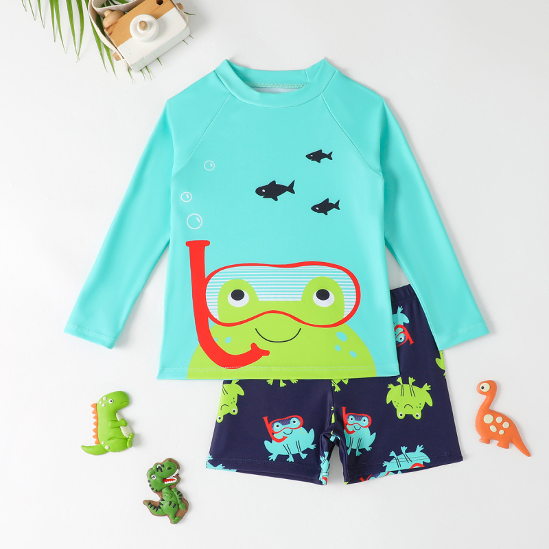 Costum de baie pentru copii pentru băieți – două piese, mâneci lungi, imprimeu desen animat, uscare rapidă, protecție UV (4-8 ani)