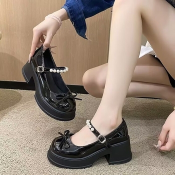 Mary Jane sieviešu kurpes ar lentīti un pērlēm, apaļa purns, PU augšdaļa, bieza zole, chunky papēdis 6–8 cm