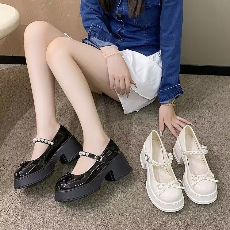 Mary Jane sieviešu kurpes ar lentīti un pērlēm, apaļa purns, PU augšdaļa, bieza zole, chunky papēdis 6–8 cm