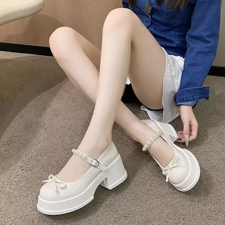 Mary Jane sieviešu kurpes ar lentīti un pērlēm, apaļa purns, PU augšdaļa, bieza zole, chunky papēdis 6–8 cm