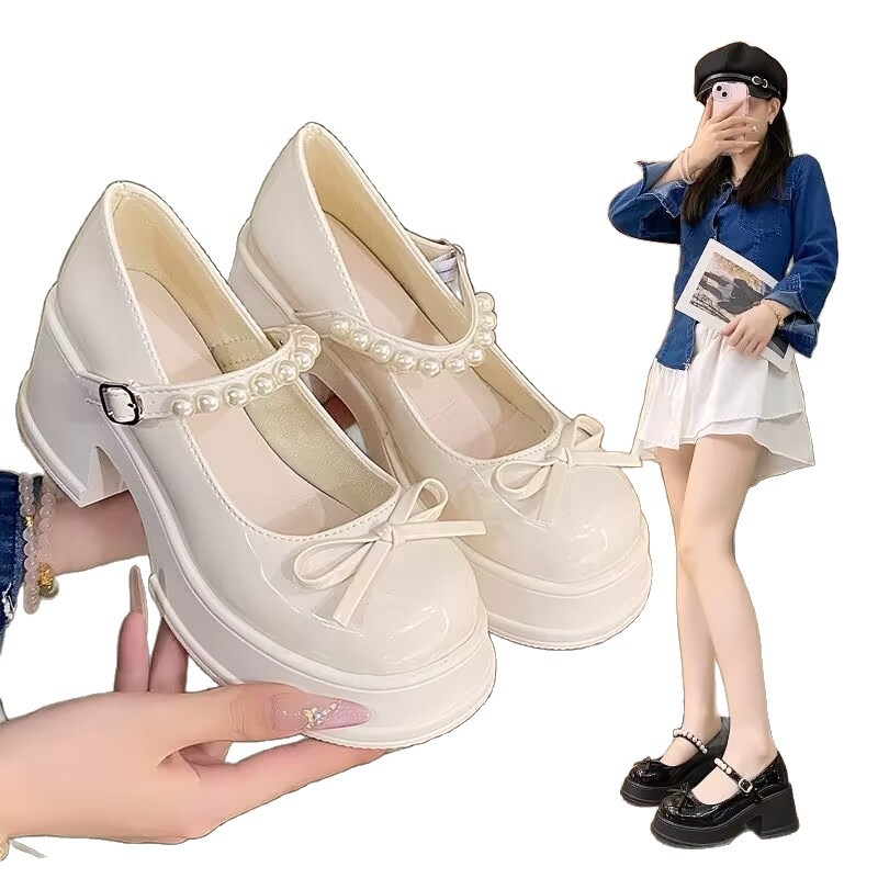 Mary Jane sieviešu kurpes ar lentīti un pērlēm, apaļa purns, PU augšdaļa, bieza zole, chunky papēdis 6–8 cm