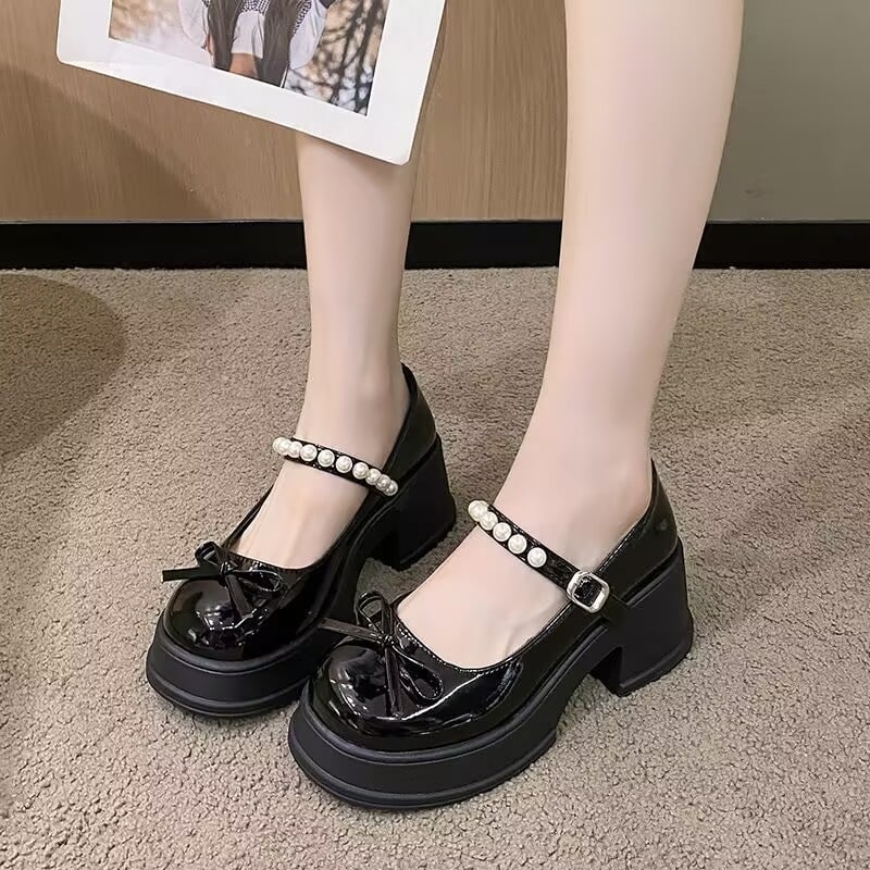 Mary Jane sieviešu kurpes ar lentīti un pērlēm, apaļa purns, PU augšdaļa, bieza zole, chunky papēdis 6–8 cm