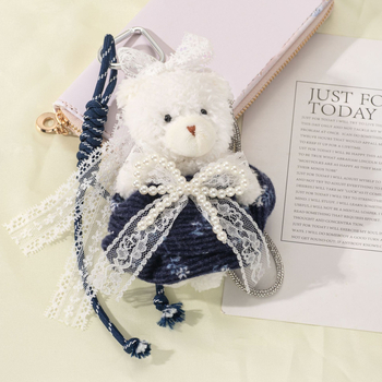 Плюшена мечешка ключодържател-висулка, принцески стил, панделка с имитационни перли