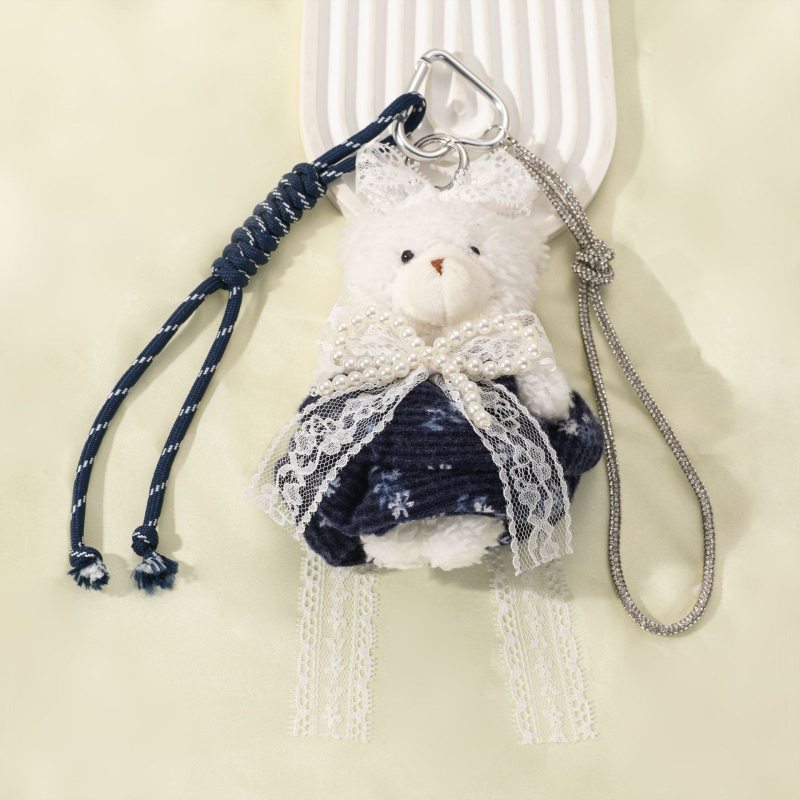 Плюшена мечешка ключодържател-висулка, принцески стил, панделка с имитационни перли