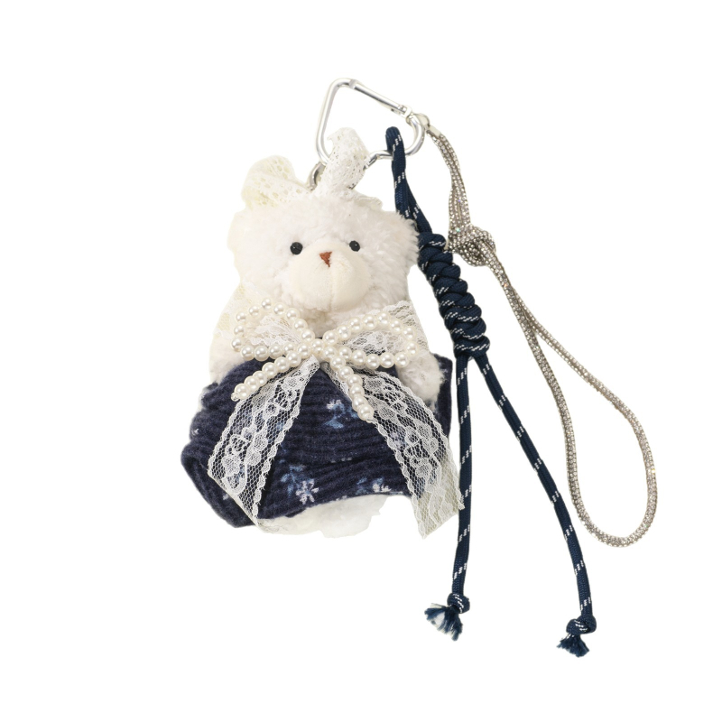 Плюшена мечешка ключодържател-висулка, принцески стил, панделка с имитационни перли