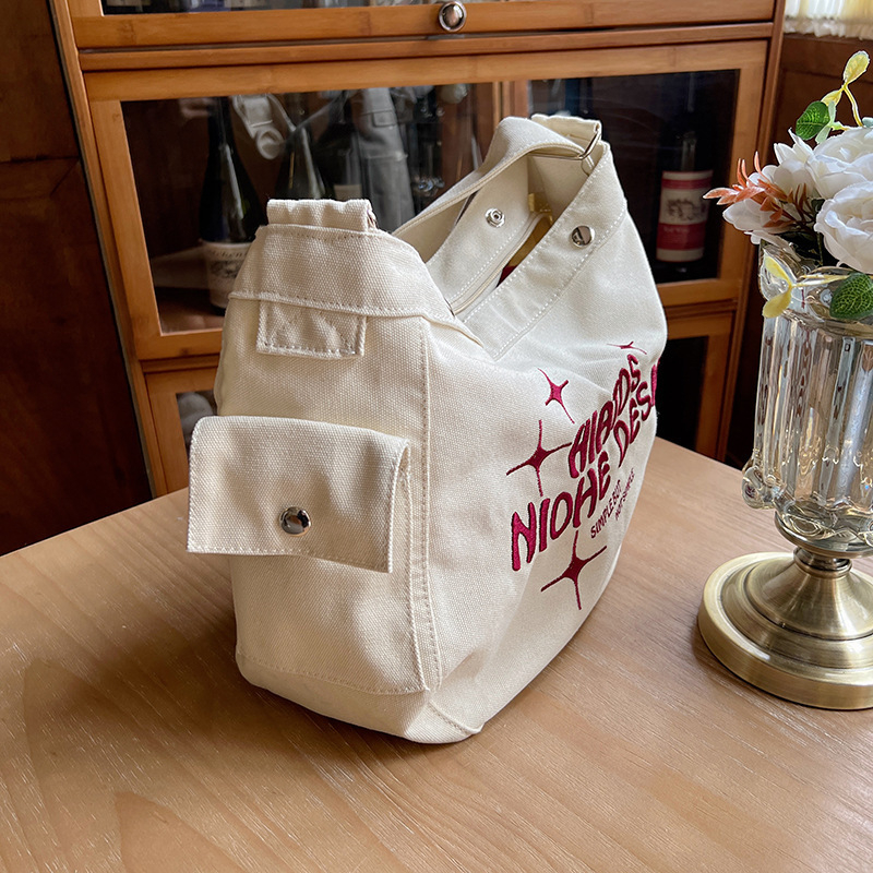 Geantă tote din pânză în stil japonez cu broderie (material: pânză, fermoar, căptușeală poliester, buzunar intern cu fermoar)