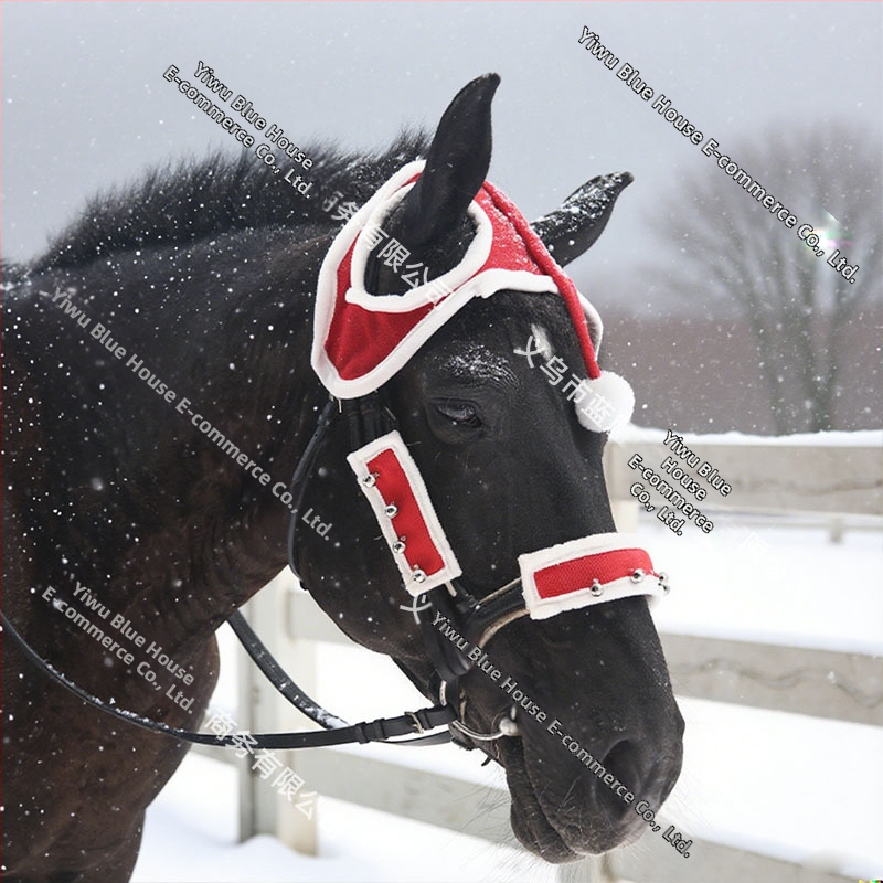 Конски коледен комплект: Шапка Дядо Коледа с вълнен кант и покривало за глава - (Код продукта: X6; Обект: Кон; Произход: Zhejiang; Експорт по кръстосана граница: Да; Внос: Не)
