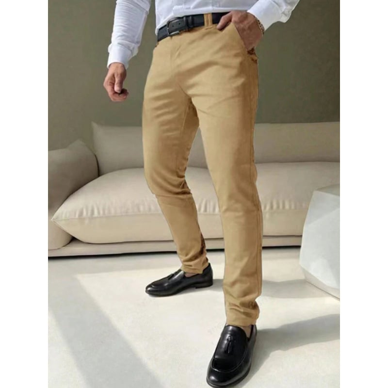 Pantaloni casual pentru bărbați, uni, cu buzunare; croială dreaptă; închidere cu trei rânduri de nasturi; țesătură din amestec de fibre chimice cu fibre de acetat; croi mulat; lansare vară 2023