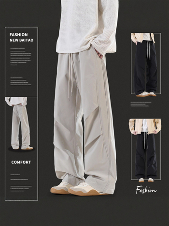 Cargo casual παντελόνια με φαρδιά γραμμή, μέση, κορδόνι για δέσιμο, ελαφρώς ελαστικό ύφασμα πολυεστέρα