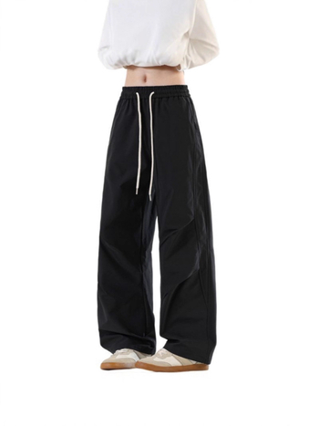 Cargo casual παντελόνια με φαρδιά γραμμή, μέση, κορδόνι για δέσιμο, ελαφρώς ελαστικό ύφασμα πολυεστέρα