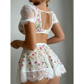 Naktinė su gėlių nėriniu ir giliu V-įkirpimu, pagrindinis audinys: medvilnė, Half Fleece audinys, pavasaris 2025 leidimas