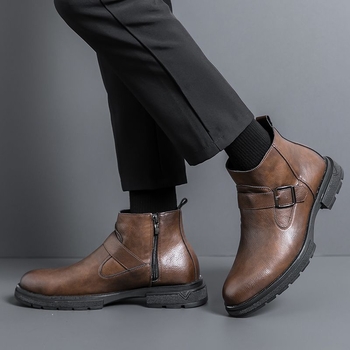 Ανδρικά μποτάκια Chelsea με πλευρικό φερμουάρ, βρετανικού ύφους Martin, μεσαίου ύψους, PU επάνω μέρος, PU πάτος, σόλα καουτσούκ, αύξηση ύψους