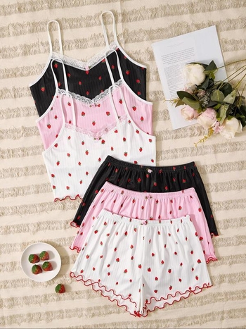 Γυναικείοι παντελόνες ύπνου με ήμι-φλίς και γερμανικό φλίς, σχέδιο φράουλας, γλυκό στυλ, άνοιξη 2025