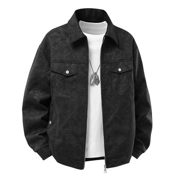 PU Δερμάτινο μπουφάν μπομπερ με γιακά τύπου lapel, φερμουάρ εμπρός, τριμμένες άκρες, πολλά τσέπες, σφιχτός σιλουέτας, χειμερινή καθημερινή εξωτερική ένδυση, επένδυση πολυεστέρα