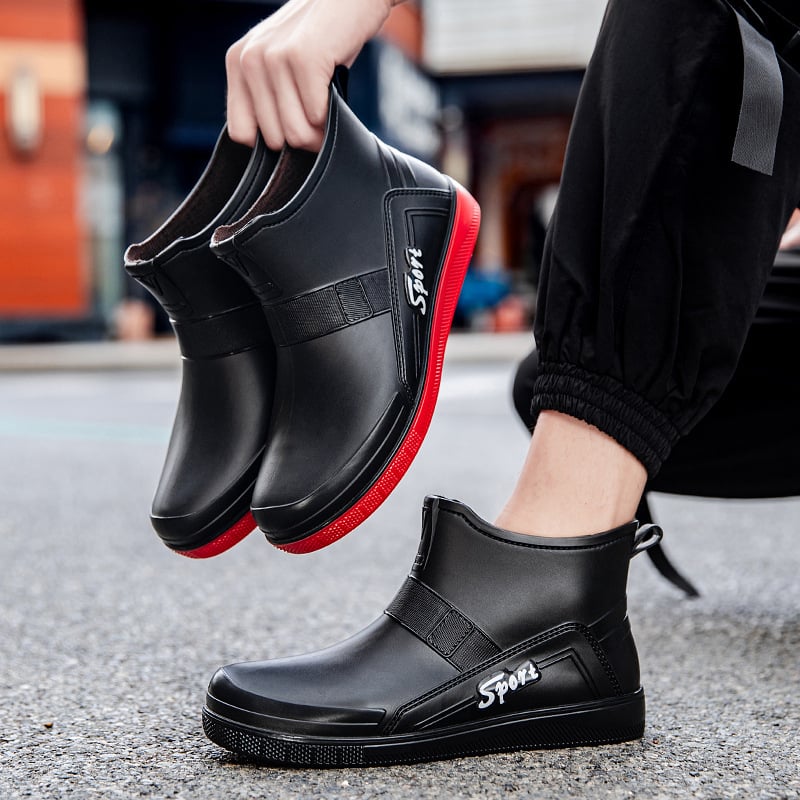 Vyriski lietaus batai su žemu vamzdiu, PVC viršus, plastikinė padanga, apvali pirštas