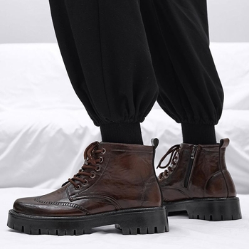 Ανδρικά δερμάτινα μποτάκια με ψηλό επάνω μέρος, φαρδιά σόλα, στρογγυλή μύτη, κορδόνια, PU επάνω