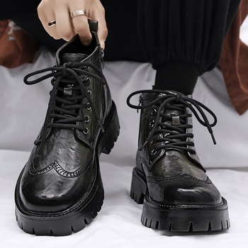 Ανδρικά δερμάτινα μποτάκια με ψηλό επάνω μέρος, φαρδιά σόλα, στρογγυλή μύτη, κορδόνια, PU επάνω
