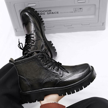 Ανδρικά δερμάτινα μποτάκια με ψηλό επάνω μέρος, φαρδιά σόλα, στρογγυλή μύτη, κορδόνια, PU επάνω