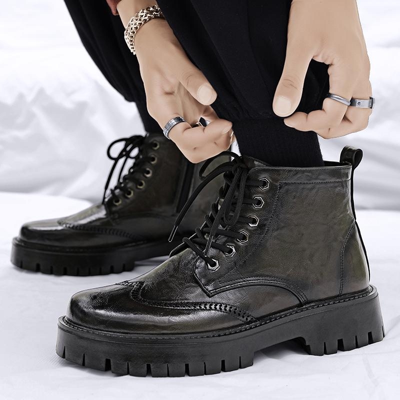 Ανδρικά δερμάτινα μποτάκια με ψηλό επάνω μέρος, φαρδιά σόλα, στρογγυλή μύτη, κορδόνια, PU επάνω