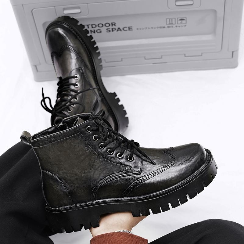 Ανδρικά δερμάτινα μποτάκια με ψηλό επάνω μέρος, φαρδιά σόλα, στρογγυλή μύτη, κορδόνια, PU επάνω