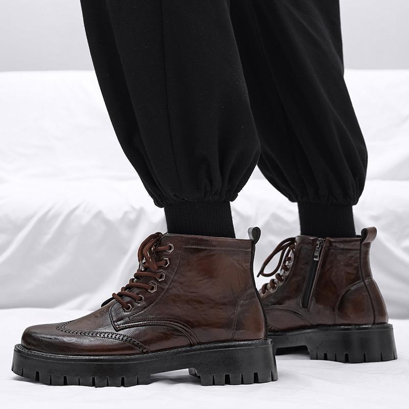 Ανδρικά δερμάτινα μποτάκια με ψηλό επάνω μέρος, φαρδιά σόλα, στρογγυλή μύτη, κορδόνια, PU επάνω