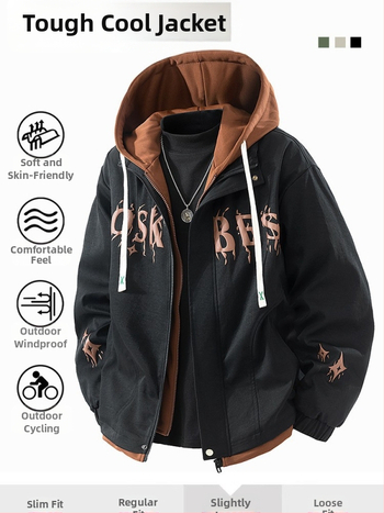 Ανδρικό μπουφάν εξωτερικού τύπου με κουκούλα, ανεμοφράκτο, πολυεστερικό ύφασμα, μακριά μανίκια, μεσαίας πυκνότητας