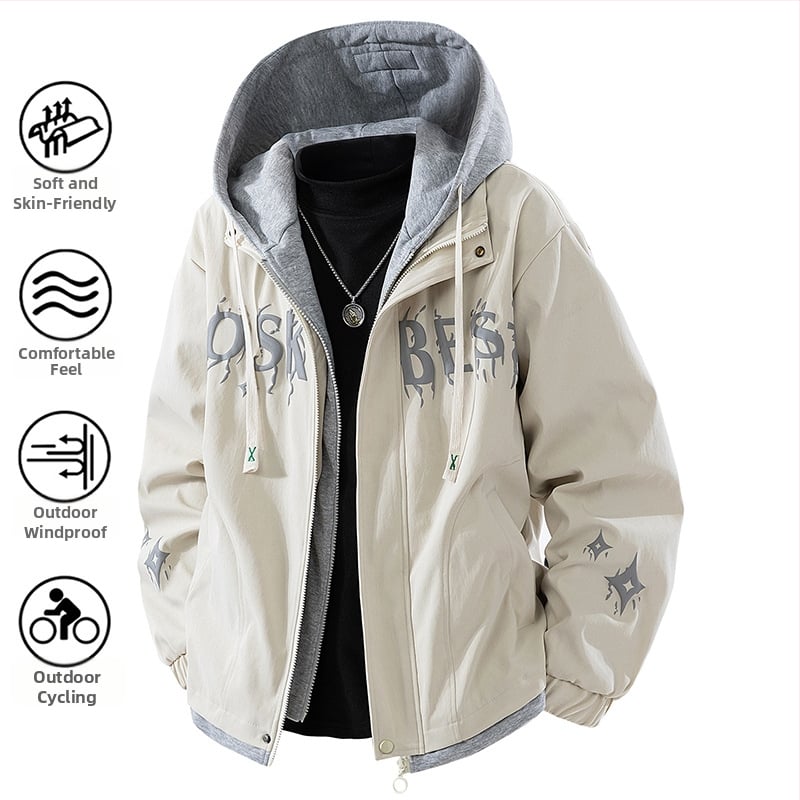 Ανδρικό μπουφάν εξωτερικού τύπου με κουκούλα, ανεμοφράκτο, πολυεστερικό ύφασμα, μακριά μανίκια, μεσαίας πυκνότητας