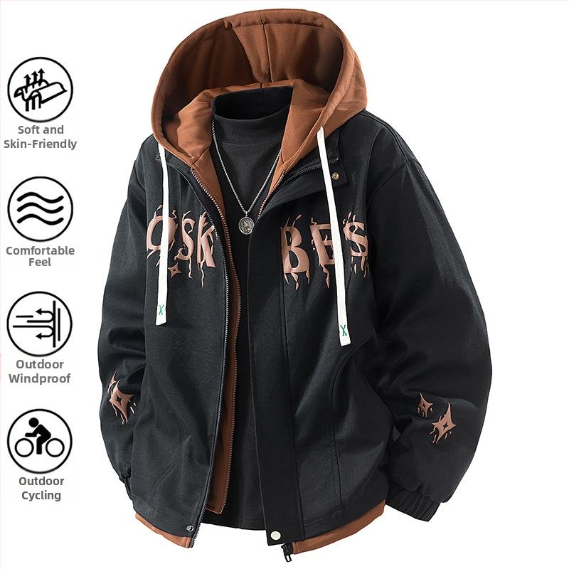 Ανδρικό μπουφάν εξωτερικού τύπου με κουκούλα, ανεμοφράκτο, πολυεστερικό ύφασμα, μακριά μανίκια, μεσαίας πυκνότητας