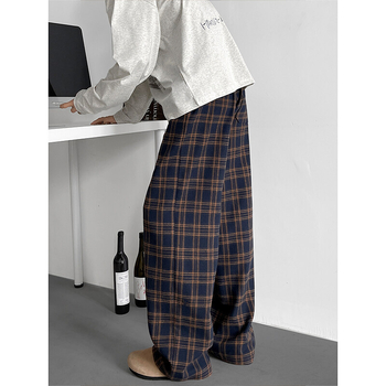 Oversize muške karirane casual hlače ravnog kroja, opuštene (srednji pojas, bambus vlakna, tanke)