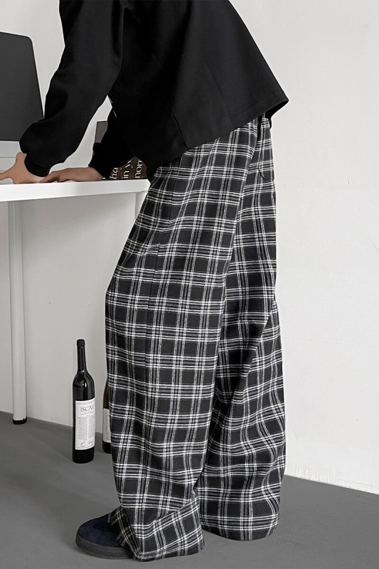 Oversize muške karirane casual hlače ravnog kroja, opuštene (srednji pojas, bambus vlakna, tanke)