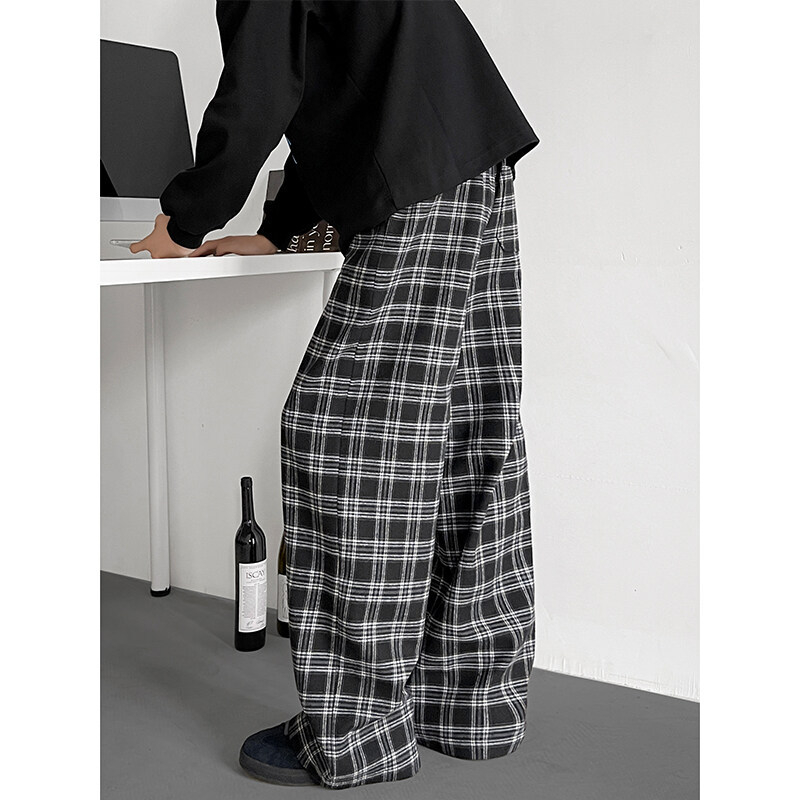 Oversize muške karirane casual hlače ravnog kroja, opuštene (srednji pojas, bambus vlakna, tanke)