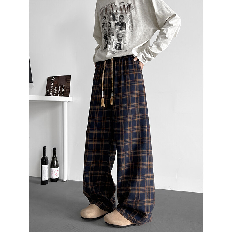 Oversize muške karirane casual hlače ravnog kroja, opuštene (srednji pojas, bambus vlakna, tanke)