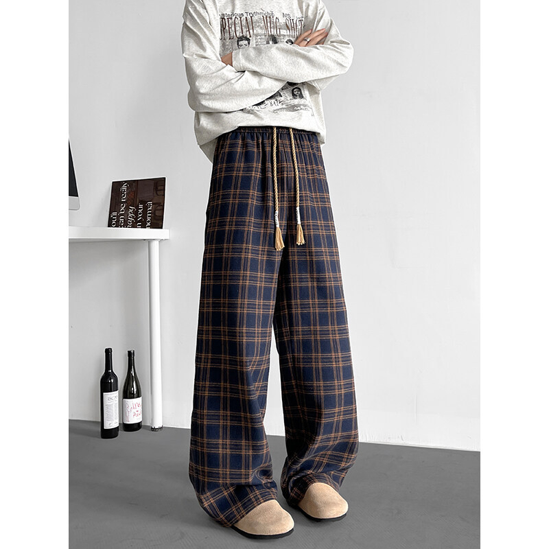 Oversize muške karirane casual hlače ravnog kroja, opuštene (srednji pojas, bambus vlakna, tanke)
