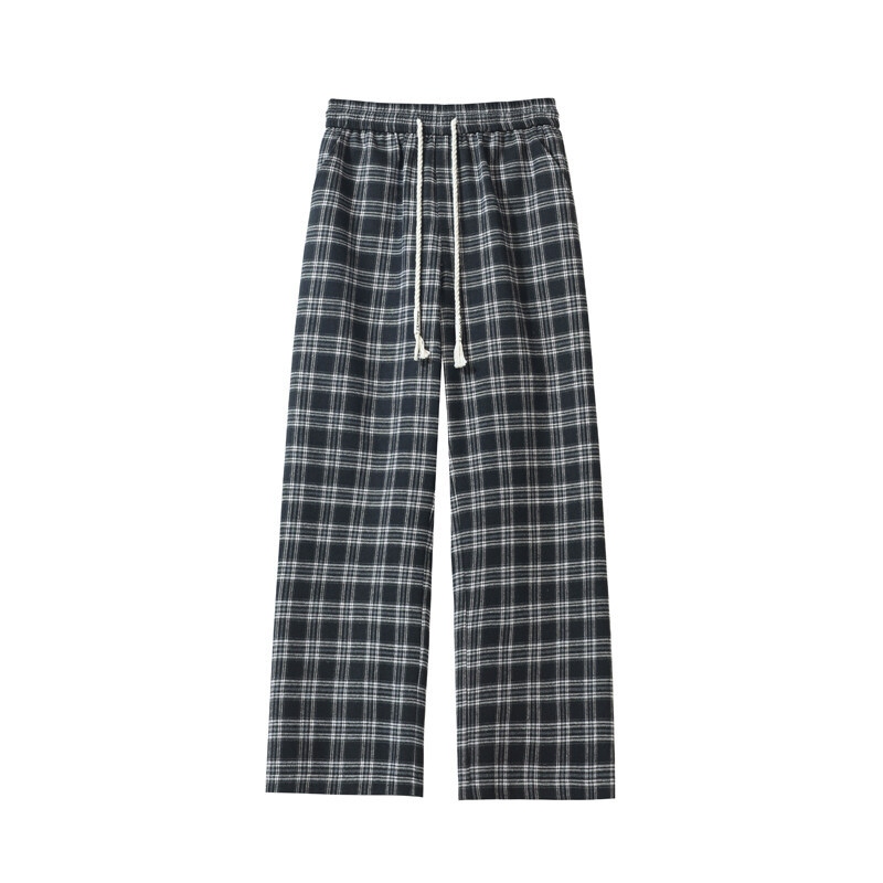 Oversize muške karirane casual hlače ravnog kroja, opuštene (srednji pojas, bambus vlakna, tanke)