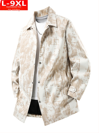 Ανδρικό παλτό με καμουφλάζ, ελεύθερη γραμμή, μεσαίο μήκος 65–80 εκ, γιακάς turn-down, μπροστινό κλείσιμο με μία σειρά κουμπιών, επένδυση πολυεστερ, ύφασμα πολυεστέρας, στυλ Hong Kong