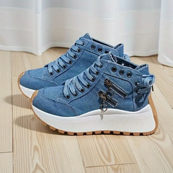 Απλά γυναικεία παπούτσια τύπου dad shoes με καμβά επάνω, σόλα καουτσούκ, στρογγυλή μύτη, μπροστινό κορδόνι, μεσαίο ύψος τακουνιού 3-5 εκ