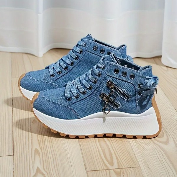 Απλά γυναικεία παπούτσια τύπου dad shoes με καμβά επάνω, σόλα καουτσούκ, στρογγυλή μύτη, μπροστινό κορδόνι, μεσαίο ύψος τακουνιού 3-5 εκ